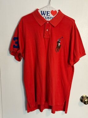 Ralph Lauren Red Polo Shirt with Beaded Big Pony  Blue Sleeve Number XL